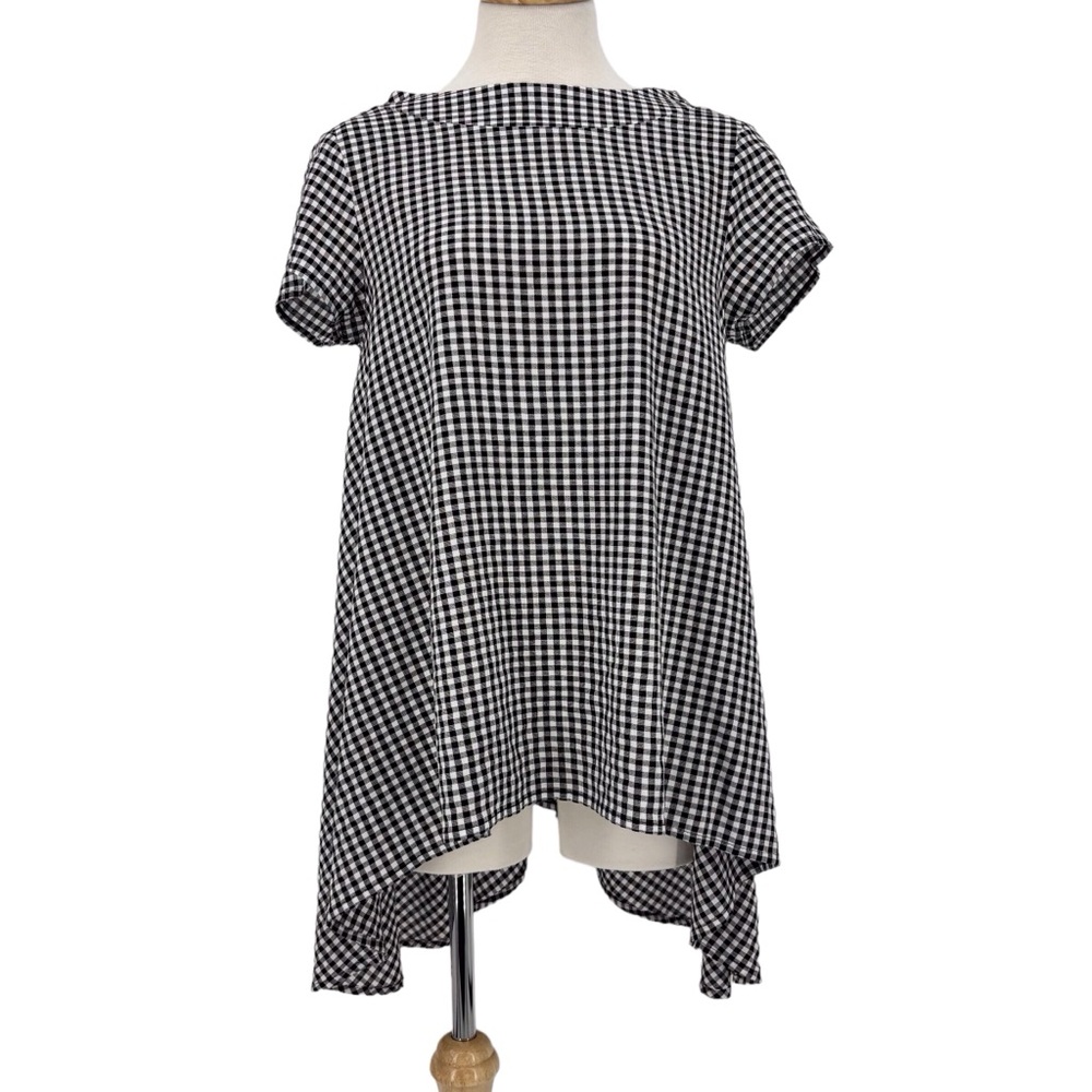 Paolo Tricot Black and White Gingham Short Sleeve Hi-Low Cotton Tunic Top, Small